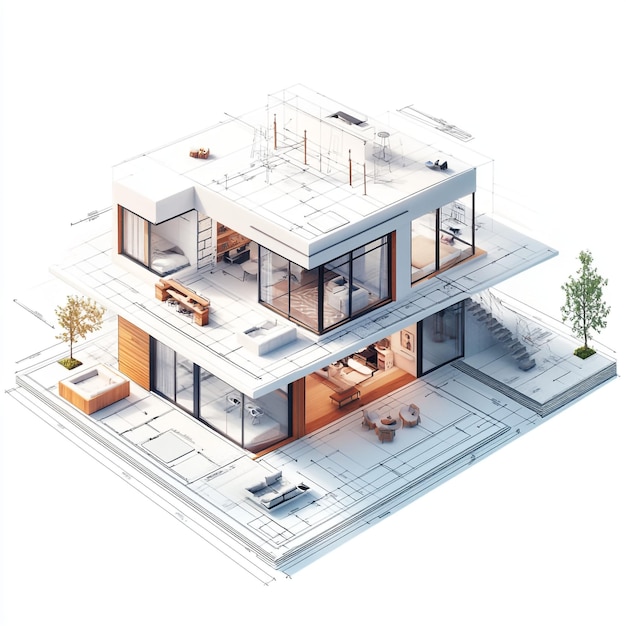 Isometric view of house on construction blueprints with furniturephotorealisticmodern architectue