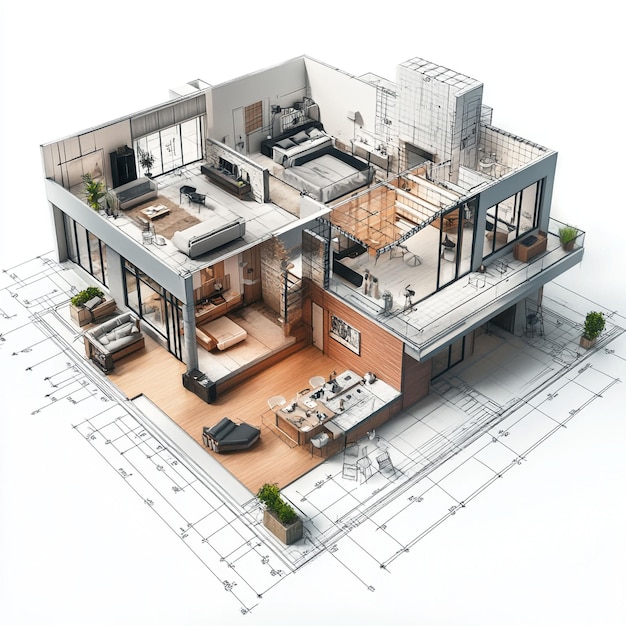 Isometric view of house on construction blueprints with furniturephotorealisticmodern architectue