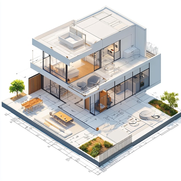 Photo isometric view of house on construction blueprints with furniturephotorealisticmodern architectue