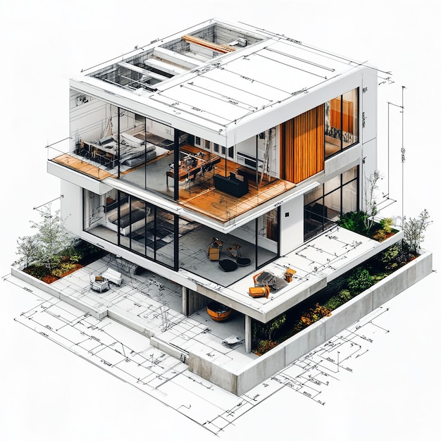 Isometric view of house on construction blueprintswith furniturephotorealisticmodern architectue