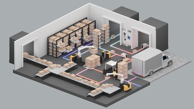 Isometric view of a large WarehouseThe transport vehicle uses a robotic armrobots to pick up the goods using automation in product management 3D rendering