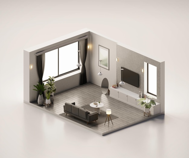 Isometric view living room minimal style open inside interior architecture 3d rendering digital art