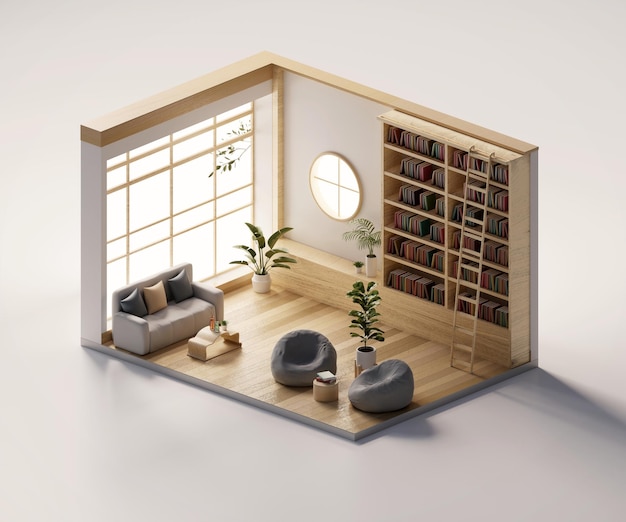 Isometric view living room muji style open inside interior architecture 3d rendering digital art