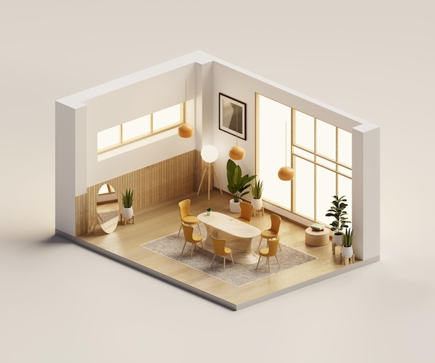 Isometric view living room muji style open inside interior architecture 3d rendering digital art