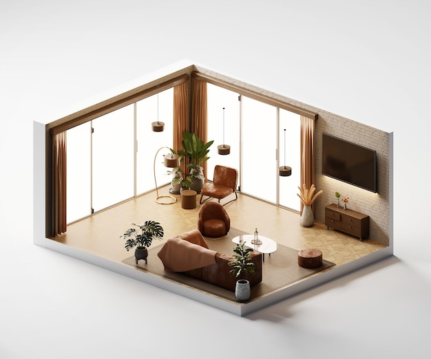 Isometric view living room muji style open inside interior architecture 3d rendering digital art