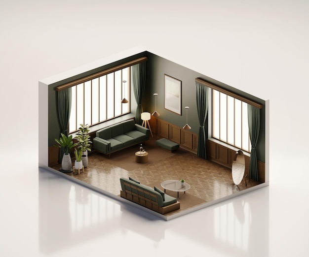 Isometric view living room muji style open inside interior architecture 3d rendering digital art