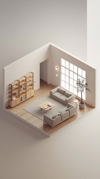 Isometric view living room muji style open inside interior architecture 3d rendering