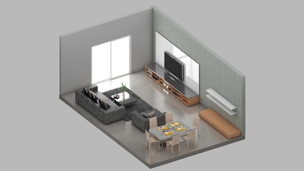 Isometric view of a living roomresidential area 3d rendering