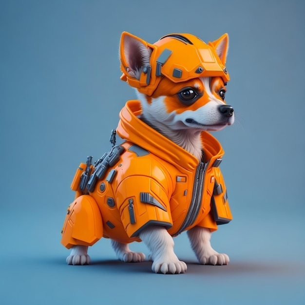 Isometric view of a MINI cute hype realistic futuristic soldier dog wearing cyberpunk jacket