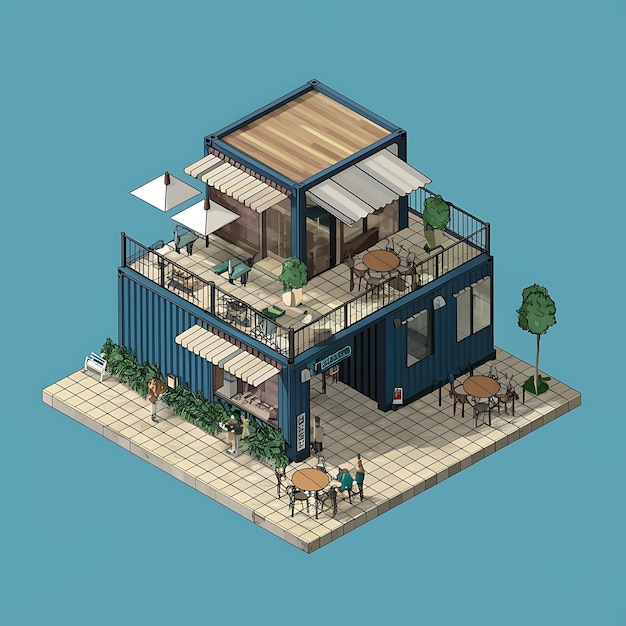 Photo isometric view minimal cafe and restaurant container store exterior architecture 3d illustration vector digital art