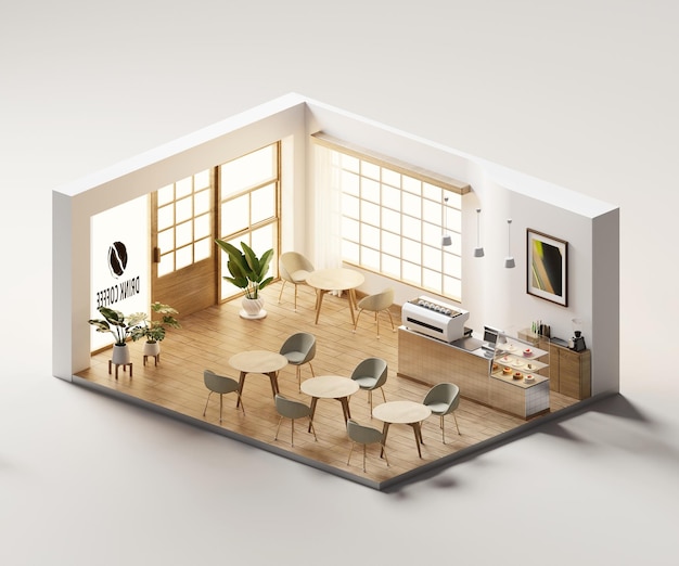 Isometric view minimal cafe store open inside interior architecture 3d rendering digital art