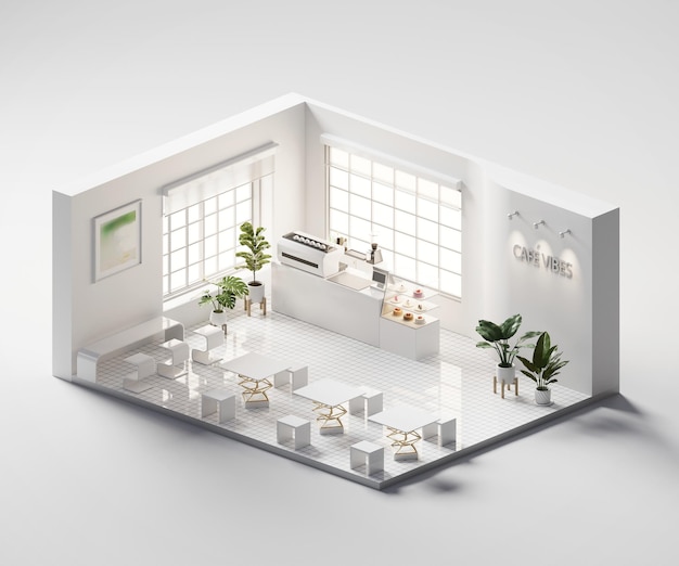 Isometric view minimal cafe store open inside interior architecture 3d rendering digital art