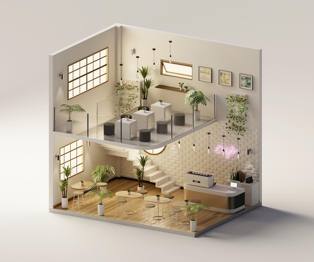 Isometric view minimal cafe store open inside interior architecture, 3d rendering.