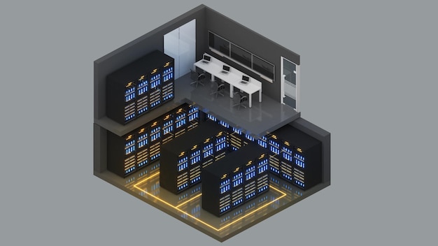 Isometric view of a small server room and control roomData Center With Multiple Rows of Fully Operational Server Racks 3d rendering