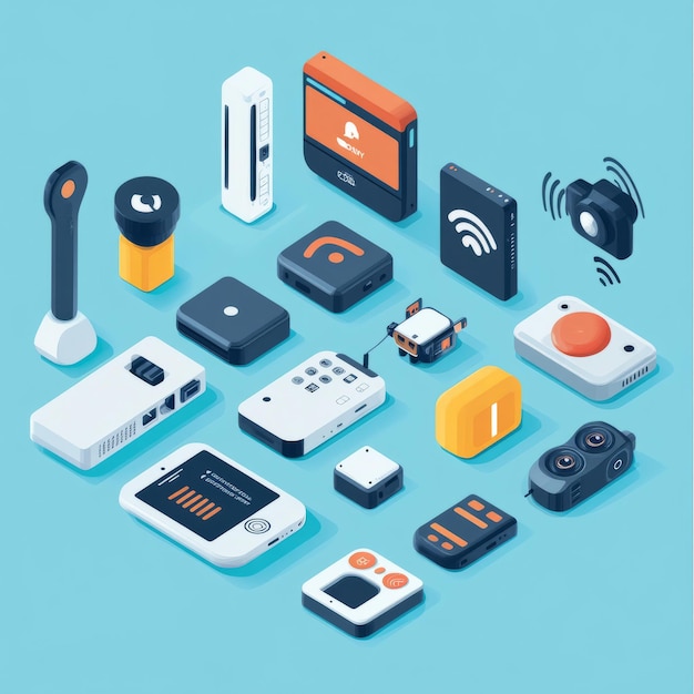 Isometric view of smart home devices gadgets and technology on a blue background