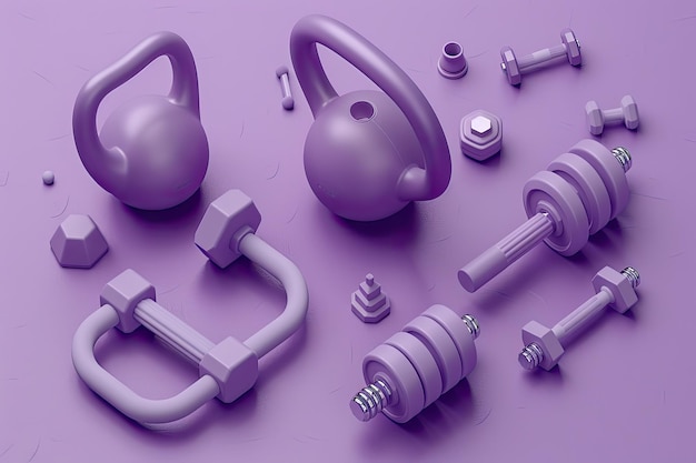 Photo isometric view of sport equipment like kettlebell dumbbell and barbell on violet