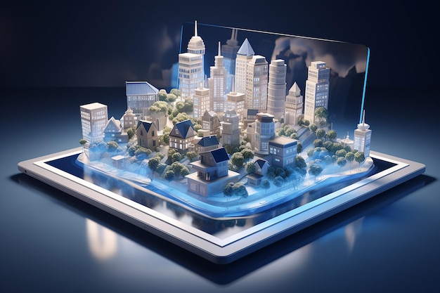 Isometric View of Tablet with Screen Showing Modern Residential Property in Urban Area