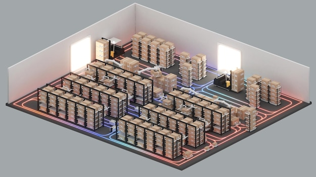 Isometric view of a WarehouseThe transport vehicle uses a robotic armrobots to pick up the goods using automation in product management 3D rendering