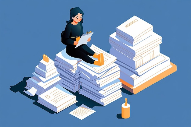 Photo isometric woman writing and sitting on document stack