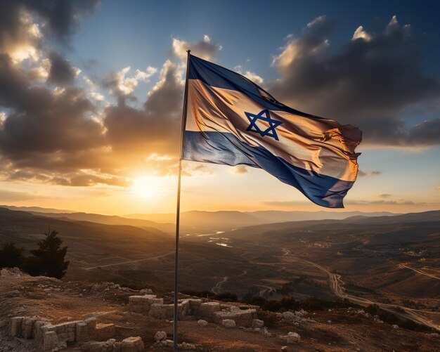 Israel flag on a flagpole on a hill against the background of dawn