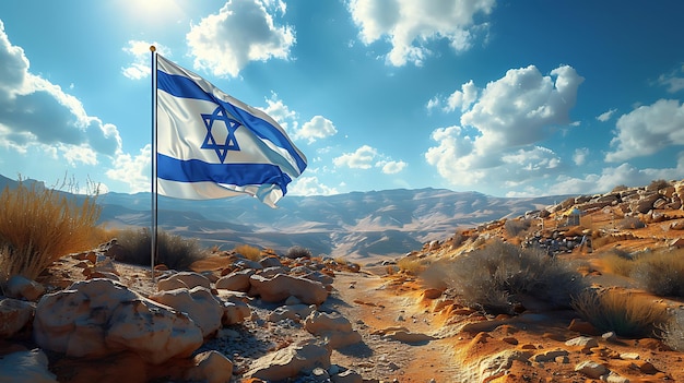 Israel flag waving in the wind against blue sky with clouds 3d rendering