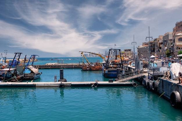 Israel. Old town and port of Jaffa and modern skyline of Tel Aviv city