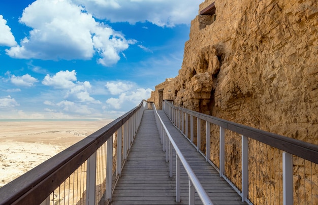 Israel Panoramic views from Masada Fortress in National Park in Negev Judaean Desert near Dead Sea