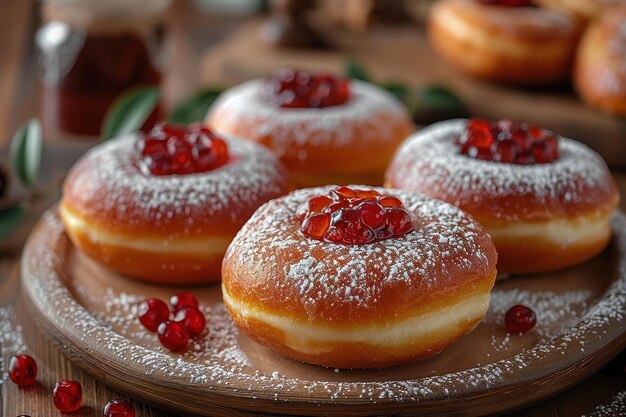 Israel Sufganiyah Jellyfilled doughnuts dusted with powdered sugar