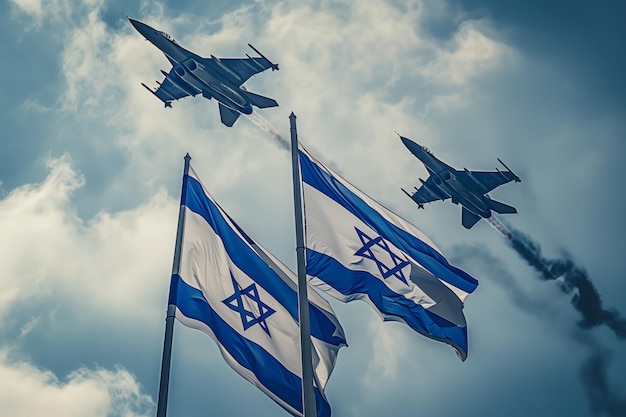 Israeli flags flying in the wind with fighter jets flying overhead against a sky background