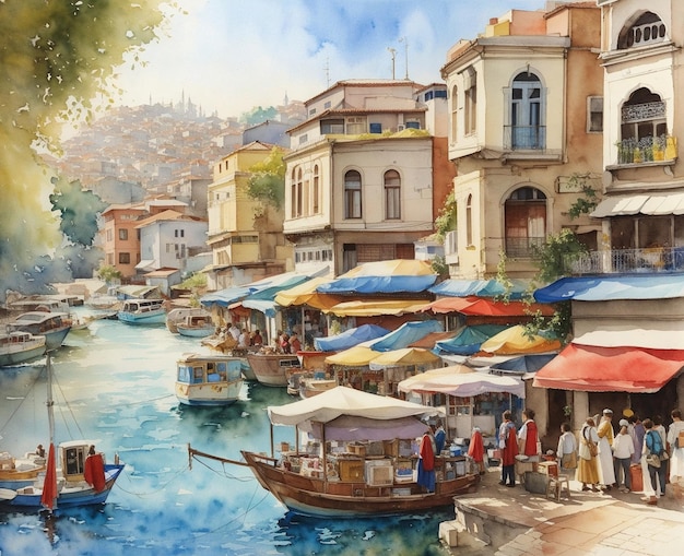 Istanbul background photos prepared with watercolor technique