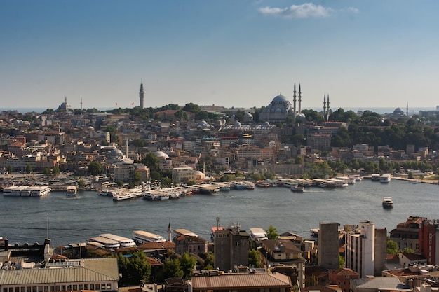 Istanbul city view from Galata tower in Turkey Golden Horn bay of Istanbul