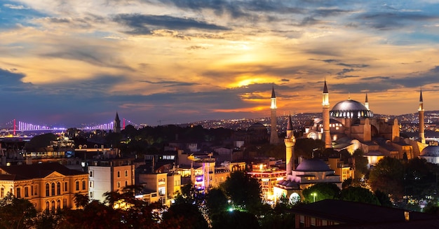 Istanbul sunset panorama with Bosphorus Bridge and Hagia Sophia Mosque Turkey