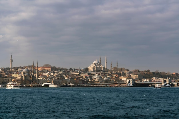 Istanbul Turkey 02252023 View of the Fatih district of Istanbul from the water of the Golden Horn Bay Suleymaniye Mosque New Mosque on a sunny day