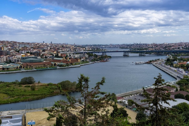 Istanbul TurkeySeptember 62021 Panoramic view to Golden Horn with clouds