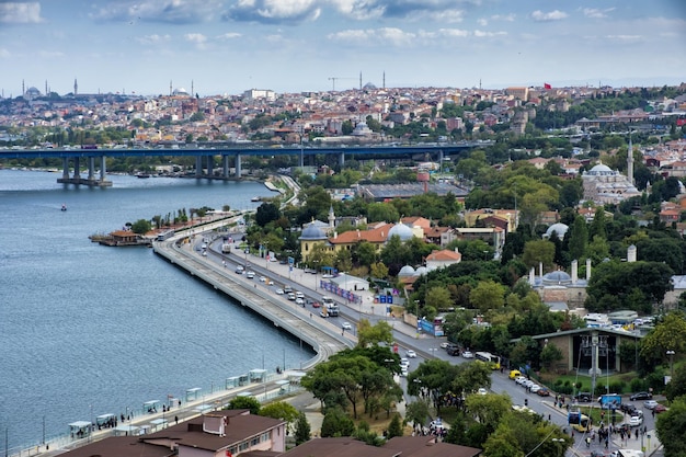 Istanbul TurkeySeptember 62021 Panoramic view to Golden Horn with clouds