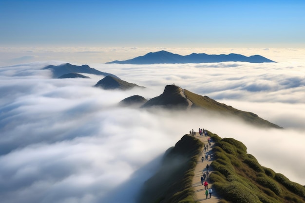 Above It All Hikers Ascending the Cloudbound Roads Generative AI