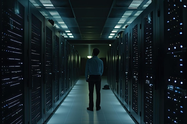 IT engineer in the data center between servers generative IA