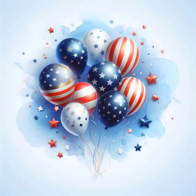 It features several balloons adorned with stars and stripes reminiscent of the United States flags