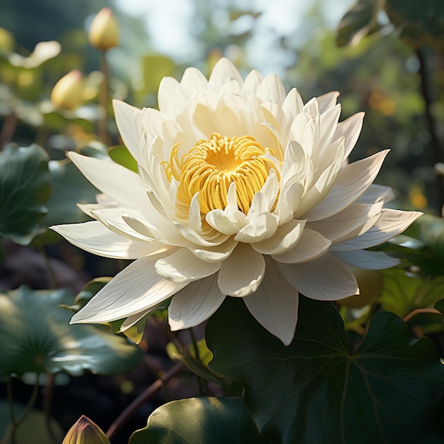 It features white lotus a serene and beautiful scene of nature ai generative