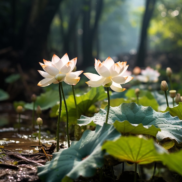 It features white lotus a serene and beautiful scene of nature ai generative