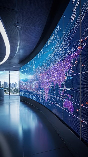 IT infrastructure map with connected nodes displayed on a large screen in a control room bright task lighting