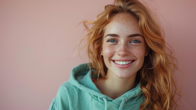 It is a full body studio portrait of a young smiling happy ginger woman in a green hoody casual clothes walking aside with her index finger pointed at an area isolated on a plain pastel light pink