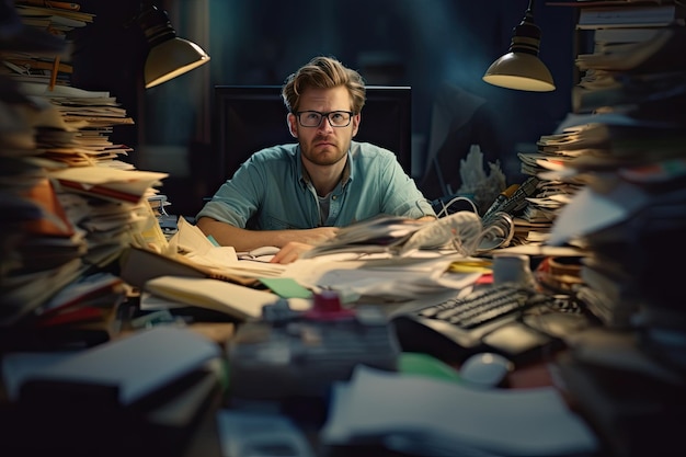 IT office worker overwhelmed by an amount of sheets paper work hard working concept Generative AI