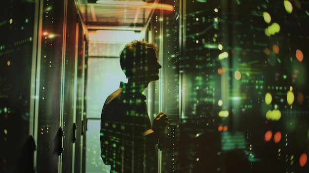 Photo an it professional is working within the vibrant and colorful illuminated aisles of a data center surrounded by server racks and computer equipment