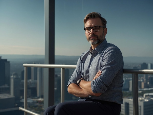 IT Project Manager Leaning against a railing with arms_0