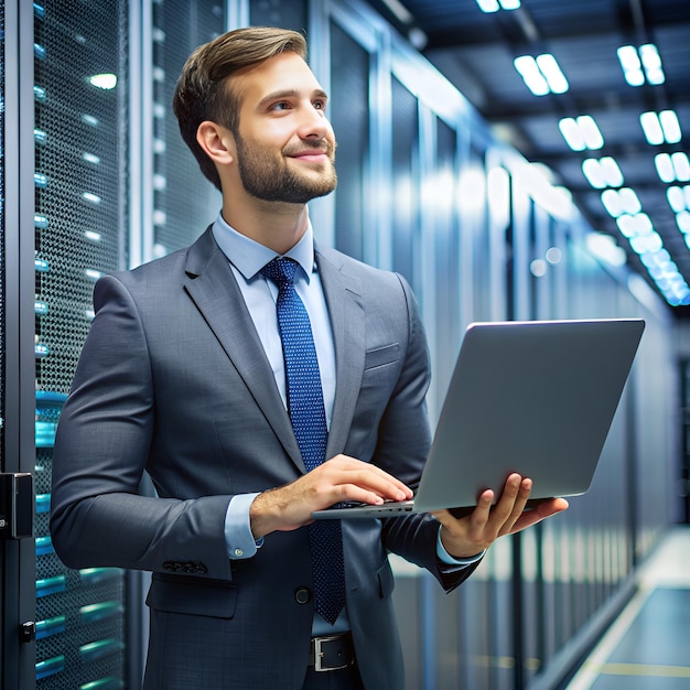 IT Specialist Holding Laptop and Talking at a Data Center generative AI