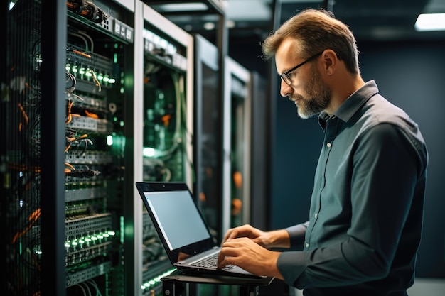 IT specialist with laptop on server room