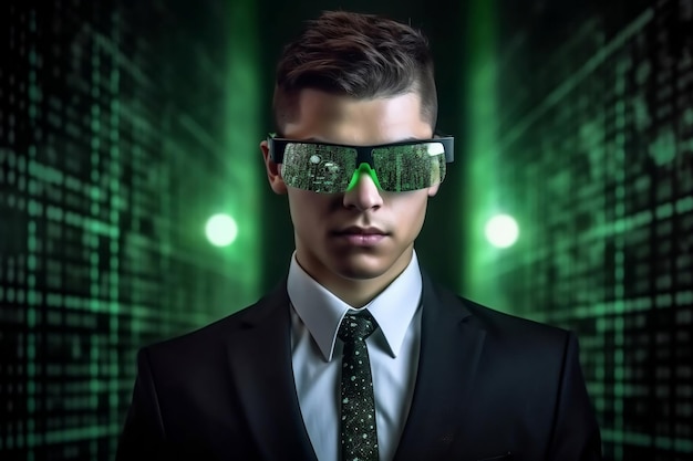 IT specialist with smart glasses and cyberspace green matrix generative ai