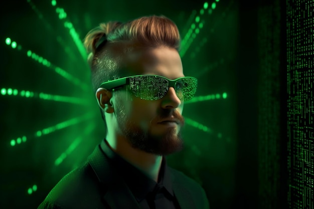 IT specialist with smart glasses and cyberspace green matrix generative ai