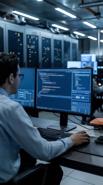 Photo it specialist works on personal computer with screens showing software program with coding language